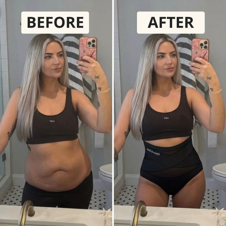 Before and after: mirror selfie, belly flattened