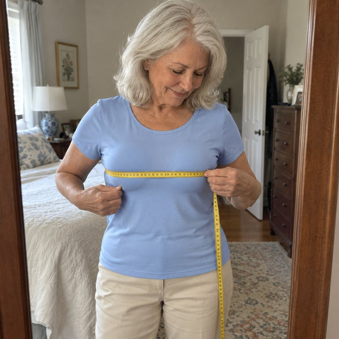 Woman measuring her bust with a tape measure over the t-shirt