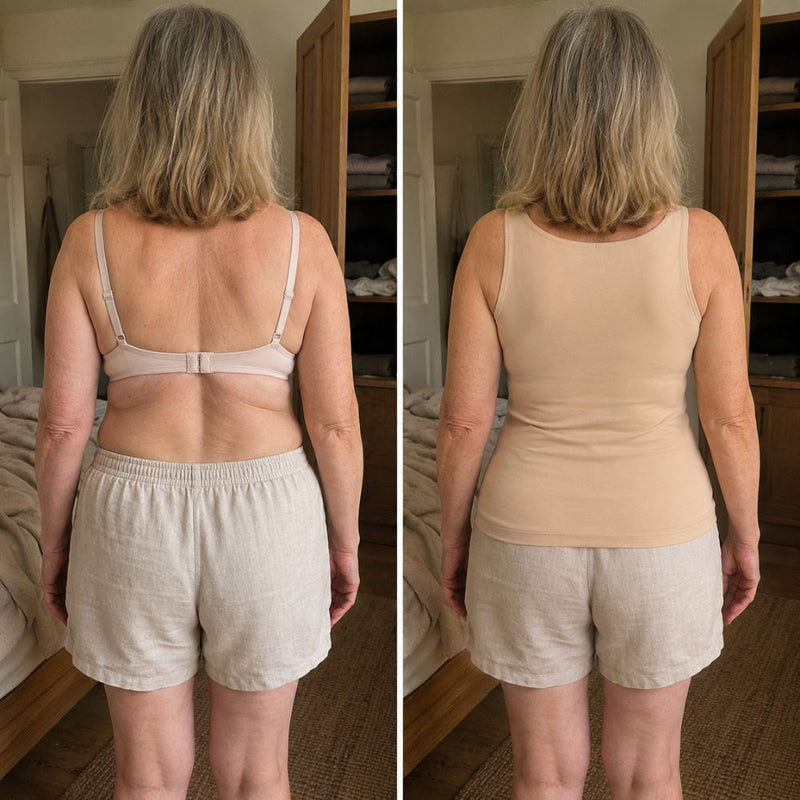Customer before and after back view, smooth back in the Grace and Ease tank