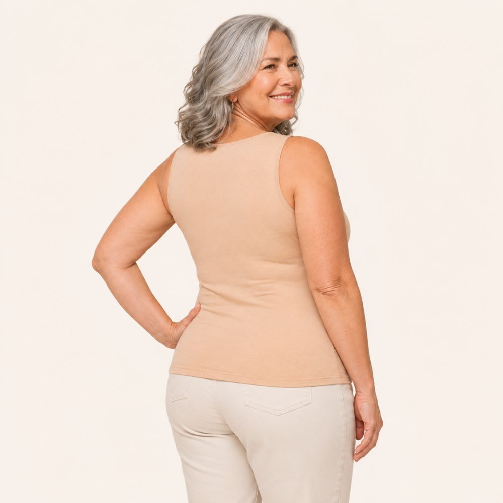 Woman wearing the Grace and Ease built-in bra tank, smooth back view