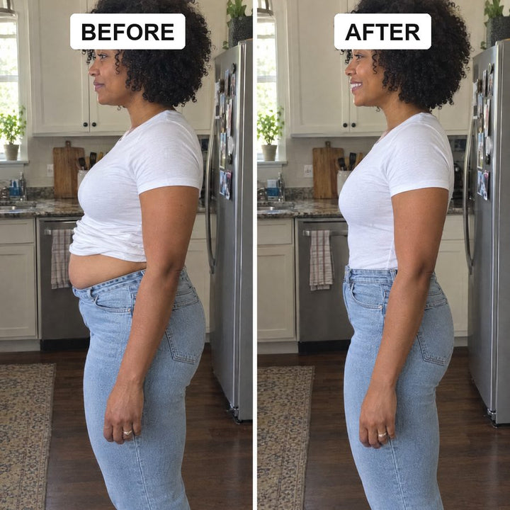 Before and after: muffin top over jeans, then a smooth front
