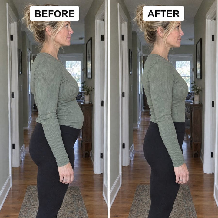 Before and after: belly pooch under a fitted top, then flat